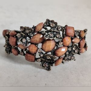 Antique Style Bronze Brass Cuff Bracelet Butterflies and Amber resin cabochons